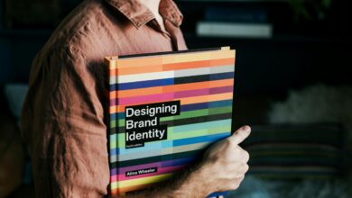 a man holding a book that says designing brand identity